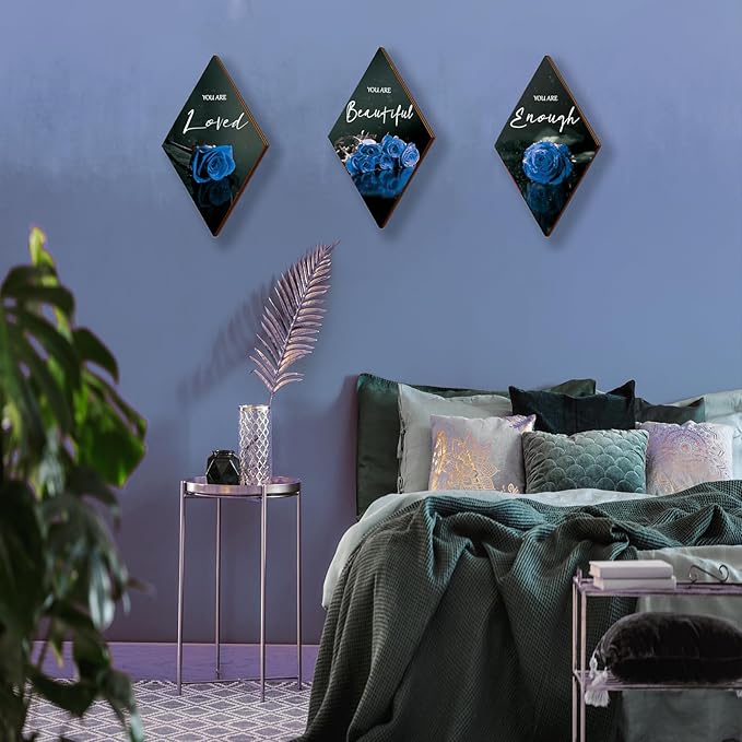 ONIZHITY 3 Pieces Blue Wall Decor Rose Wooden Bathroom Decor Positive Quotes You Are Beautiful Blue decor blue and Black Wall Decor for Bedroom Room Kitchen Bathroom Wedding Decor(12 x 7 inch)