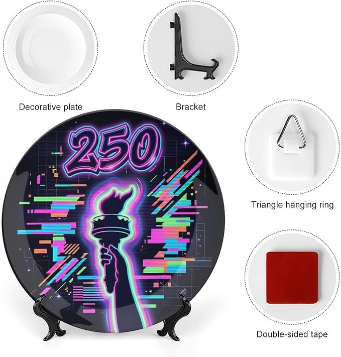 250th Anniversary Decorative Plates 10 Inch Patriotic Decorations Liberty Neon Glitch Commemorative Plates with Stand Memorial Day 4th of July Veterans Day Home & Office