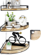 Corner Shelf Wall Mounted, Set of 3 Corner Floating Shelves with Cord Hole and Guardrail for Cable Box, Baby Monitor Pet Cameras, Speaker, Nursery Kitchen Living Room Bathroom, Rustic Brown