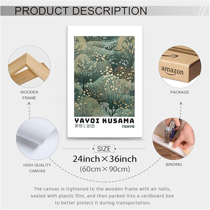 Yayoi Kusama Inspired Poster Japanese Botanical Wall Art Abstract Yayoi Kusama Print Modern Ukiyo-e Japanese Gallery Wall Decor 24x36in Framed for Home Bedroom Decorations