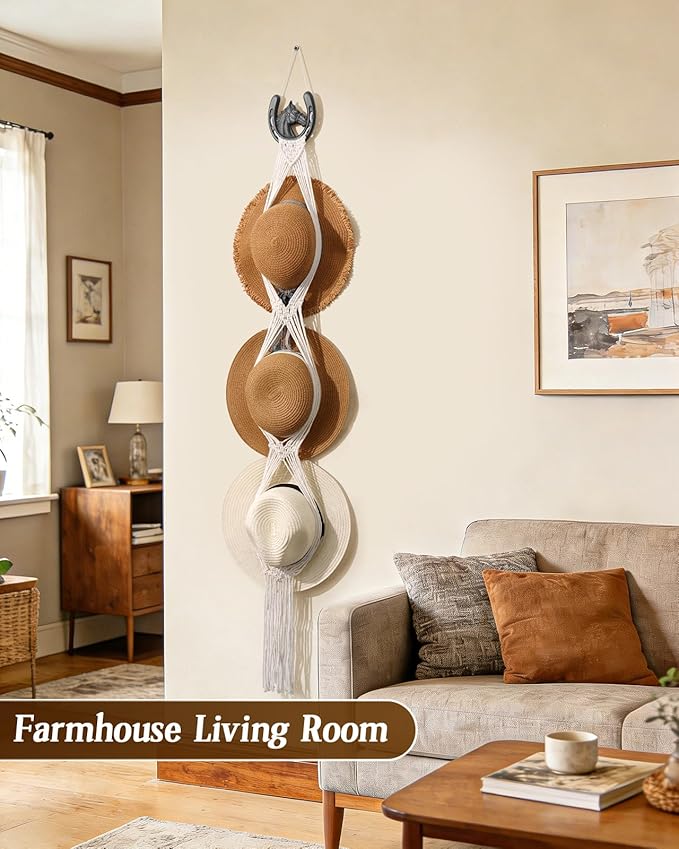 Macrame Wall Hat Rack Boho Hat Organizer Wall Mount with Cast Iron Horsehead Hanger Western Hat Holder for Women Wide Brimmed Fedora Straw Cowboy Hats Storage Back of Door Decorative Display