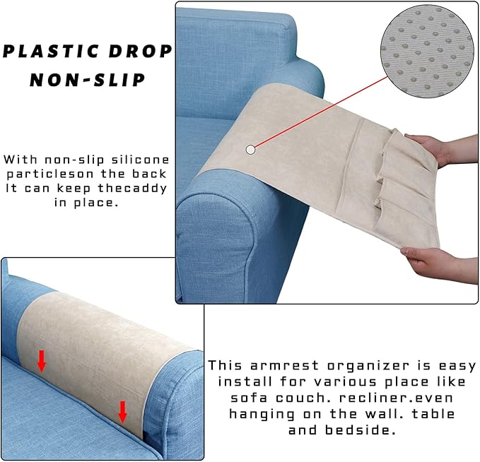 NB Sofa Armrest Organize Remote Holder Bedside Caddy Organizer With 5 Pockets，Non-Slip Couch Remote Control Holder Couch Armchair Caddy Accessories (Beige, 35''X18'')