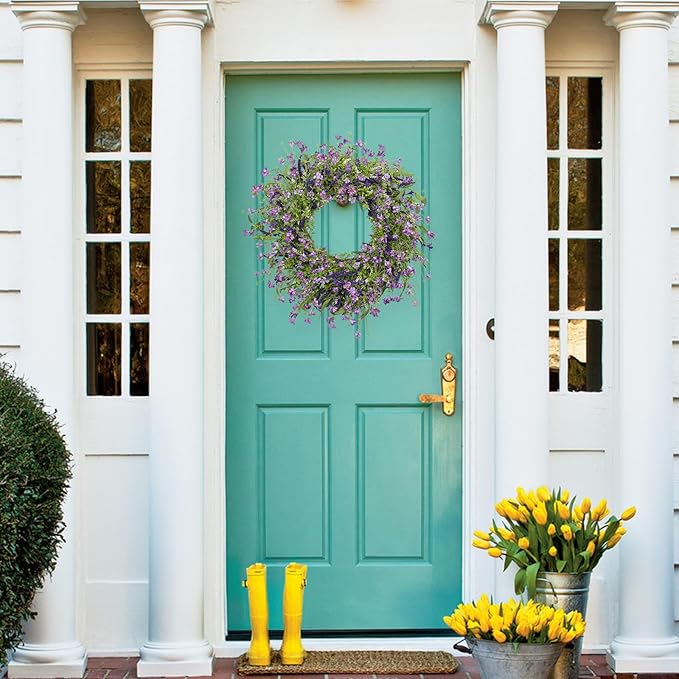 LLZLL Purple Spring Wreaths for Front Door 22 Inch Summer Wreath Artificial Violet Lavender Wreath with Eucalyptus Leaf for Spring Easter Home Decorations