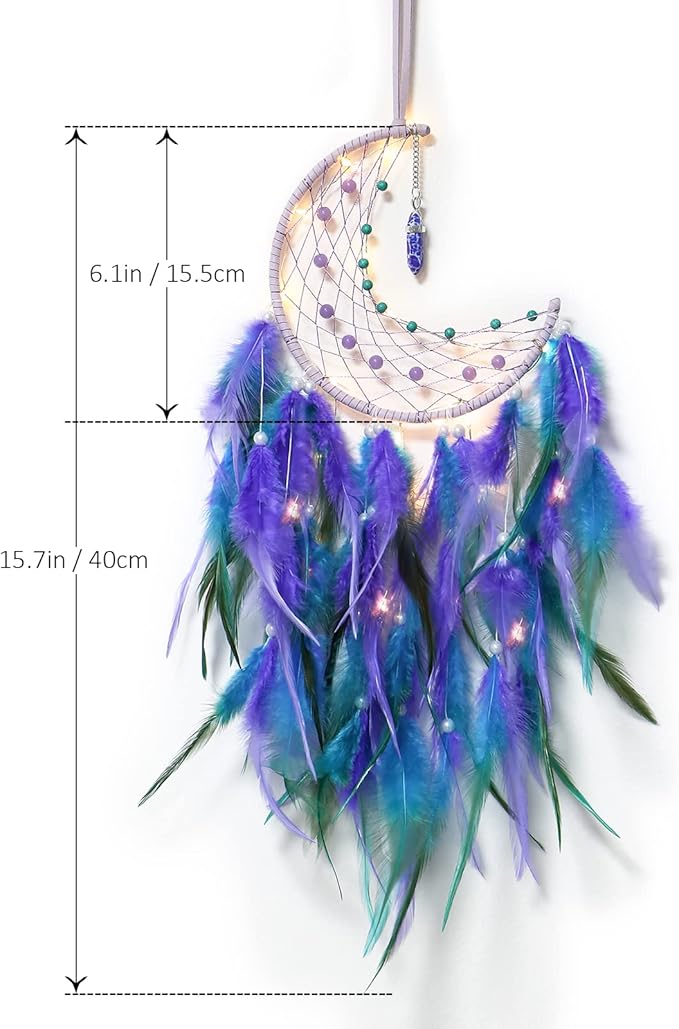 Dremisland Moon Dream Catcher with Fairy Lights-Handmade Feather Lucky Turquoise Pendant Beads Wall Hanging Ornament for Kids Bedroom Home Decoration,Art Craft Gift. (Blue&Purple)