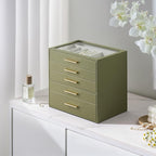 Jewelry Box Organizer Case for Women: 5-Layer Jewelry Storage Case with Glass Window, Olive Green Leather with Cream Velvet, Holder for Ring Necklace Bracelet Brooch Watch, Great Gift for Her