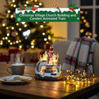 Animated Musical Christmas Village Choir Figurines Christmas Collectibles Statues Church Building & Carolers with Rotating Train LED Lights, Battery & USB Home Decor Gifts Festive Holiday Decorations