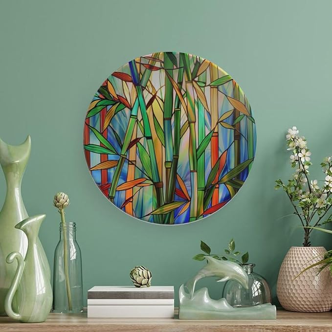 Stained Glass Theme Decorative Ceramic Plate Round Porcelain Plate,7 inch,Bamboo Pattern,for Decorative Ornaments Giving Plates, 1 Plate with 1 Display Stand,Green Blue Orange