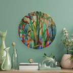 Stained Glass Theme Decorative Ceramic Plate Round Porcelain Plate,7 inch,Bamboo Pattern,for Decorative Ornaments Giving Plates, 1 Plate with 1 Display Stand,Green Blue Orange