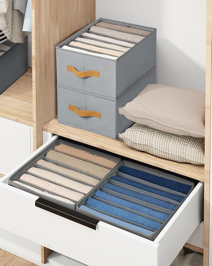 DIMJ Large Wardrobe Clothes Organizers - Foldable Closet Clothing Organizer for Jean Sweater Shirt Pants Underwear Bra, Divided Clothes Drawer, Grey Closet Shelf Organizer Boxes | Foldable, for Jean, for Sweater, for Shirt, for Pants, for Underwear