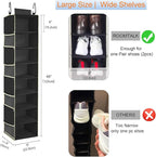 2 Pack Large-Sized Hanging Shoe Organizer 8-Shelf, Hanging Closet Organizer with 8 Side Pockets, Wider Hanging Shelves for Storage Shoes Clothes 9" W × 11.8" D× 48" H, Black.