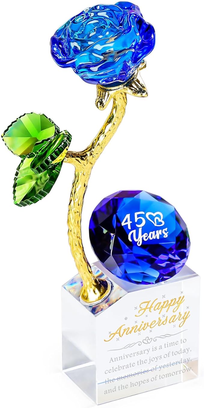 YWHL 45th Wedding Anniversary Rose Gifts for Parents, 45 Years Happy Anniversary Sapphire Gift for Couples, Romantic Sapphire Wedding Keepsake for Wife Her, Crystal Rose Figurine with Blue Diamond