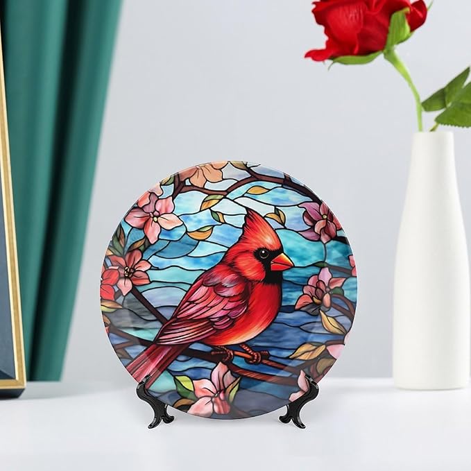 Decorative Plates, Cardinal Bird Colorful Stained Glass Painting Display Plate for Home Office Kitchen Table Decor Porcelain Plates 7 Inch, Gifts for Loss of Loved