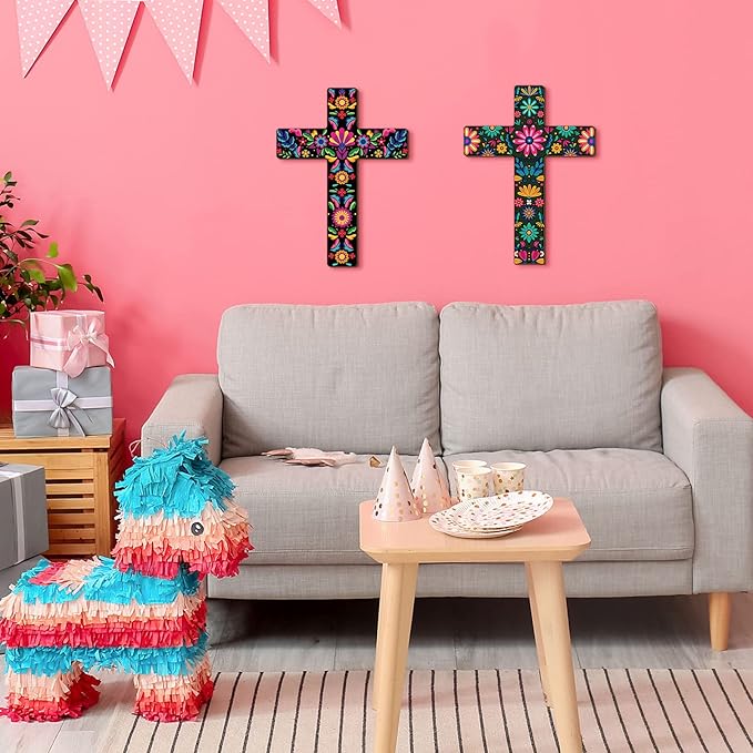 Pinkunn 2 Pcs Mexican Floral Cross Wall Decor Mexican Wall Art Hand Painted Decorative Inspirational Wooden Floral Cross Spanish Crucifix Decor for Home Room Church Decoration