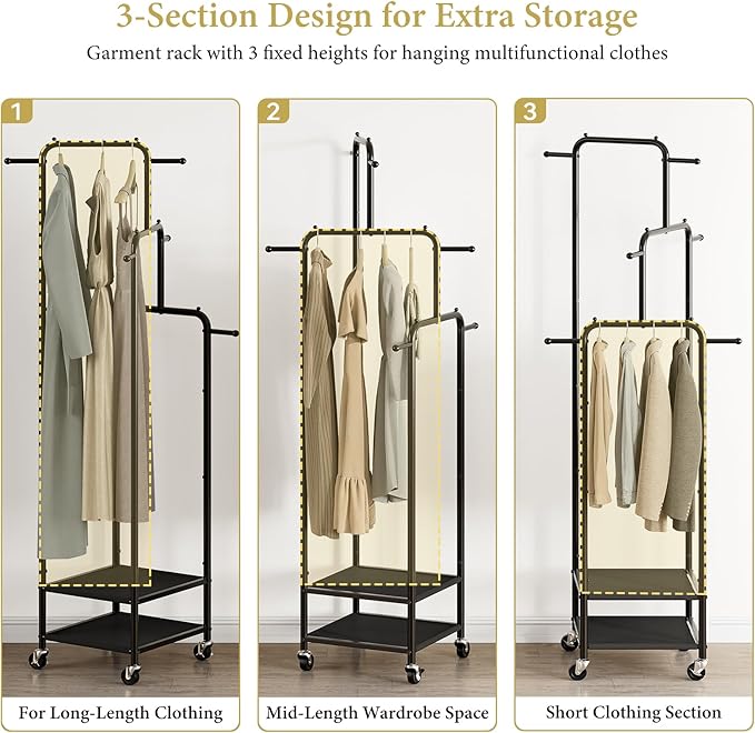 Chrislley Small Clothing Rack With Wheels, 71" Portable Rolling Garment Rack With 2 Shelves and 6 Hooks, 3-Section Different Heights Heavy Duty Metal Clothes Rack For Coats, Shirts, Bags, Shoes, Black