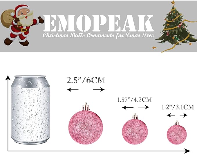 Emopeak 24Pcs Christmas Balls Ornaments for Xmas Christmas Tree - 4 Style Shatterproof Christmas Tree Decorations Hanging Ball for Holiday Wedding Party Decoration (Pink, 2.4"/6.2CM)