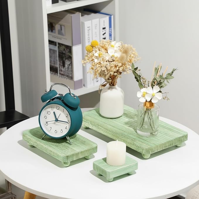 Maitys 3 Pcs Wooden Risers for Display Pedestal Stand Wooden for Decor Farmhouse Vintage Rustic Stackable Kitchen Stand Tray Riser, 3 Sizes(12 x 6.7, 8 x 4.7, 4 x 2.8 in,Green)