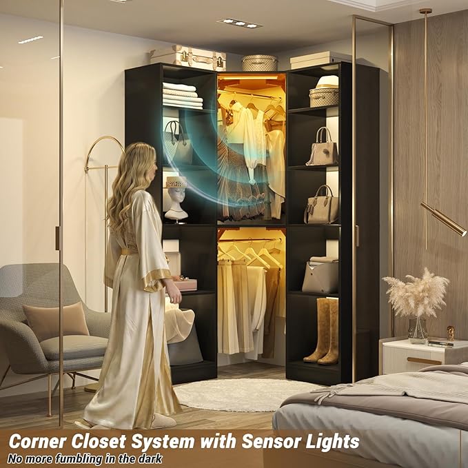 Corner Closet System with 2 Motion Sensor Lights, 39.2" Corner Closet Organizer with 12 Shelves, Closet Corner with 2 Hanging Rods, Versatile 6-Tier Walk-in Closets for Corner Space, Black