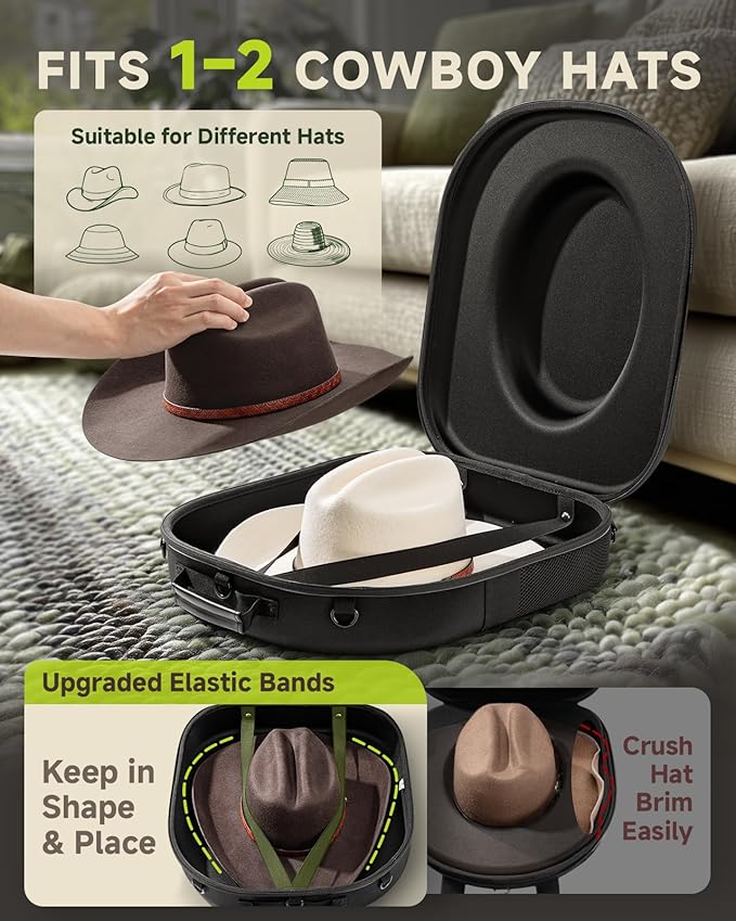 Cowboy Hat Box, Cowboy Hat Case for Travel, Crush Proof Storage for Western/Panama/Fedora, Carrier with Adjustable Shoulder Strap & Brush