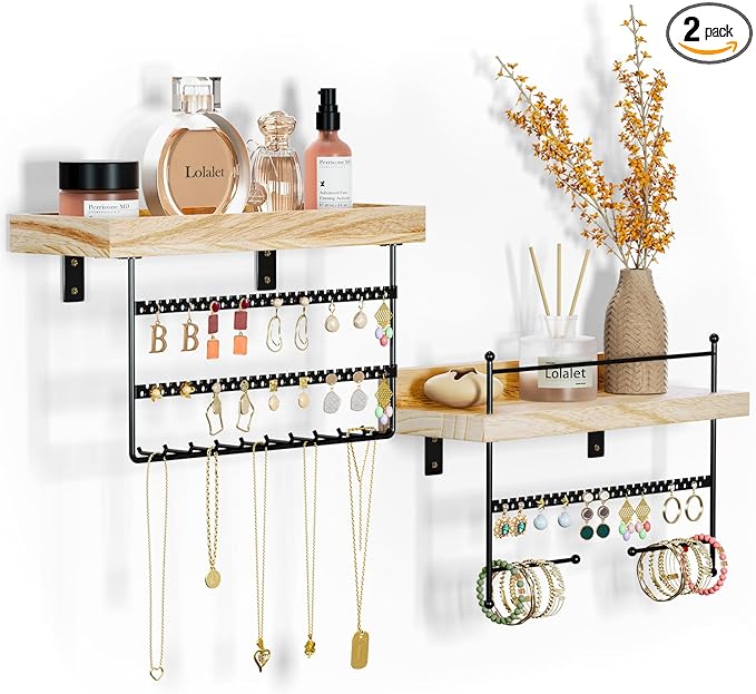 Lolalet Hanging Jewelry Organizer Wall Mount with Earrings, Bracelets, Necklaces Hooks - Easy Install Free Combination Jewelry Holder for Wall Bathroom - Set of 2, Black