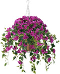 Homsunny Artificial Hanging Flowers Plants Basket for Outdoor Decoration,4 PCS Faux Silk Bougainvillea Vine Flowers Look Real UV Resistant for Outside Porch Patio Yard Garden Decor (Purple)