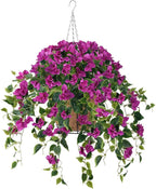 Homsunny Artificial Hanging Flowers Plants Basket for Outdoor Decoration,4 PCS Faux Silk Bougainvillea Vine Flowers Look Real UV Resistant for Outside Porch Patio Yard Garden Decor (Purple)