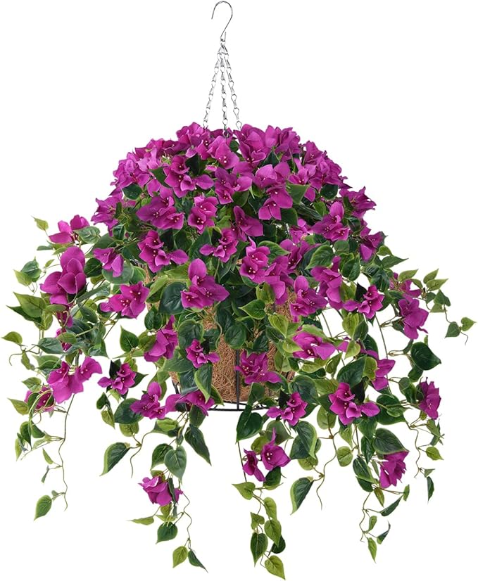Homsunny Artificial Hanging Flowers Plants Basket for Outdoor Decoration,4 PCS Faux Silk Bougainvillea Vine Flowers Look Real UV Resistant for Outside Porch Patio Yard Garden Decor (Purple)