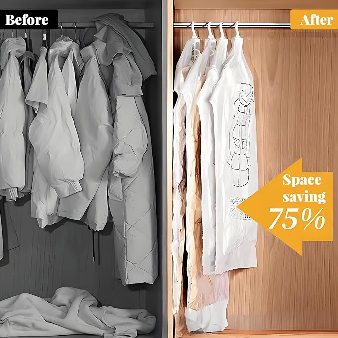 10 Pcs Hanging Vacuum Storage Bags,Vacuum Seal Bags for Clothing,Space Saver Garment Bag with Hanger (5 Long, 5 Short) Clothes Protector Closet Organizer for Clothing, Suits,Jackets,57/43 x27 in