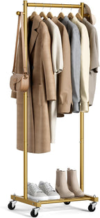 MISSLO Small Clothes Racks for Hanging Clothes Clothing Rack with Wheels 60" Garment Rack with Shelves Portable Rolling Wardrobe Rack for Small Space (Gold)