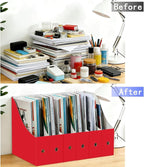 Limitliho Magazine File Folder Holder for Desk, Book Bins for Classroom Library,Office,Home, 10.6" H x 10.2" L x 3.5" W in Cardboard Paper Organizer (Red, 2 Pack)