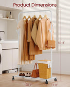 Clothes Rack - Metal Coat Rack with Bottom Shelf, Portable Wardrobe Rack with 6 Side Rods, Rolling Clothing Rack for Hanging Clothes for Bedroom or Laundry Room (White, 28.7 x 17 x 59.4)