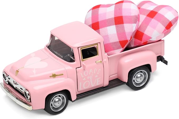 Valentine’s Day Metal Farm Truck with 2 Hearts, Valentines Decorations Vintage Love Romantic Tiered Tray Decor Mini Diecast Pickup Truck Model for Tabletop Shelf Table Décor 4.8inch
