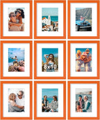 Vittanly 8x10 Picture Frames Set of 9, Shatter Resistant Plexiglass, Display 5x7 Pictures with Mat or 8x10 without Mat, Photo Frames for Wall or Tabletop, Engineered Wood, Orange