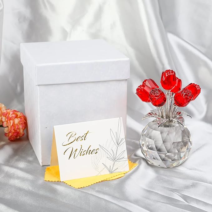 Ornalrist Crystal Red Rose Figurines Gifts for Women, Glass Bouquet Ornament for Mother's Day Birthday Christmas Ruby Collectible Flowers Anniversary Floral Presents for Her (Red)