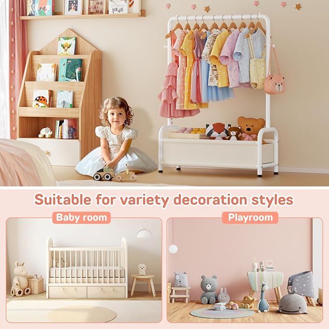Kids Clothing Rack with Storage Shelf, Kids Dress Up Storage for Coats, Small Baby Garment Rack for Hanging Clothes, Toddler Wardrobe Closet Organizer (Classic, White)