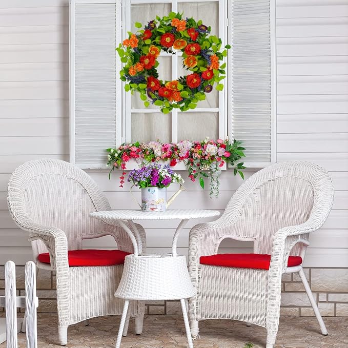 WreathDream 22 inch Artificial Spring Summer Wreaths for Front Door Poppy Wreath with Lavender Ear,Cherry Blossom,for Front Door Indoor Outdoor Home Farmhouse Decor