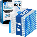 10 Jumbo Vacuum Storage Bags, Vacuum Seal Bags for Clothing Space Saver Compression Storage Bag with Hand Pump Extra Large for Clothing Travel Comforters Blankets Pillow Bedding Duvets Clothes