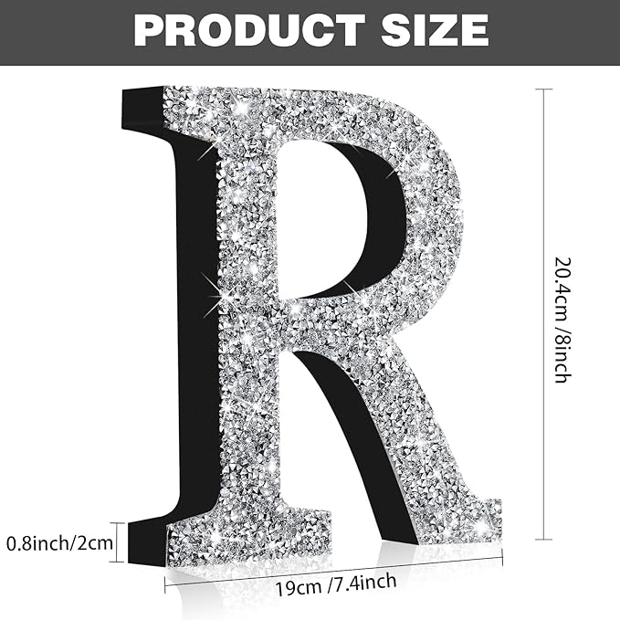 Qunclay 8'' Silver Crystal Diamond Bling Letters Crushed Diamond Decoration Wooden Glitter Letter with Screw and Hooks Rhinestone Gift for Wedding Y2k Mcbling Bedroom Wall Decor (Letter R)