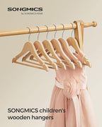 SONGMICS Kids Wooden Hangers 20 Pack, Solid Wood Baby Hangers, Children's Coat Hangers with Pants Bar, Shoulder Notches, Swivel Hooks, 12.6 x 7.5 Inches, Natural and Silver UCRW06NL