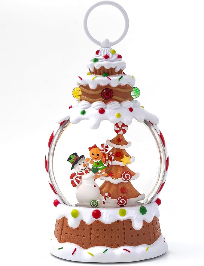Gingerbread Snowman Christmas Tree Snow Globe - Lighted Gingerbread Snow Globe with Swirling Glitter and LED Lights, Hand Painted Christmas Decoration Playing 8 Holiday Songs, Xmas Gift for Adults