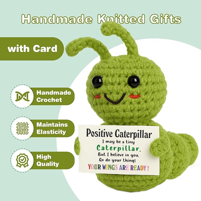 Mini Positive Christmas Caterpillar Gift – Cute Crochet Encouragement Gift for Kids, Students, Friends, Teachers Coworkers – Tiny Plush Bug with Card – Back to School, Just Because Present