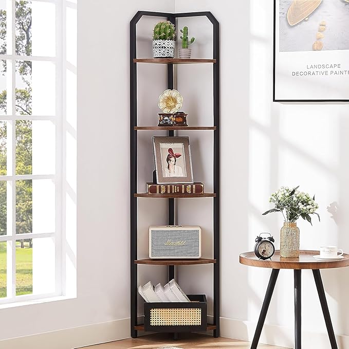 MNEETRUNG Corner Shelf, 5-Tier Industrial Corner Bookshelf, Freestanding Corner Shelf Stand with Metal Frame, Open Corner Plant Stand for Small Space, Home Office, Living Room, Bedroom, Brown