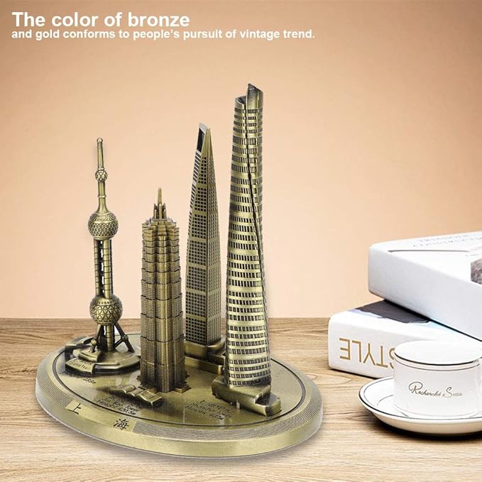 Shanghai Building Collection Model Set, Oriental Pearl Tower and Jin Mao Financial Center Souvenir, Electroplated Bronze Gold Metal Architecture Miniatures for Office Home Decor (Bronze-Large)