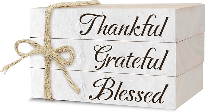 Decorative Books For Home Decor, Wood Book Stack For Table Decor, Thankful Grateful Blessed Decor Books For Living Room Bookshelf Office Coffee Bar, Thanksgiving Farmhouse Stacked Books Decor (L28)