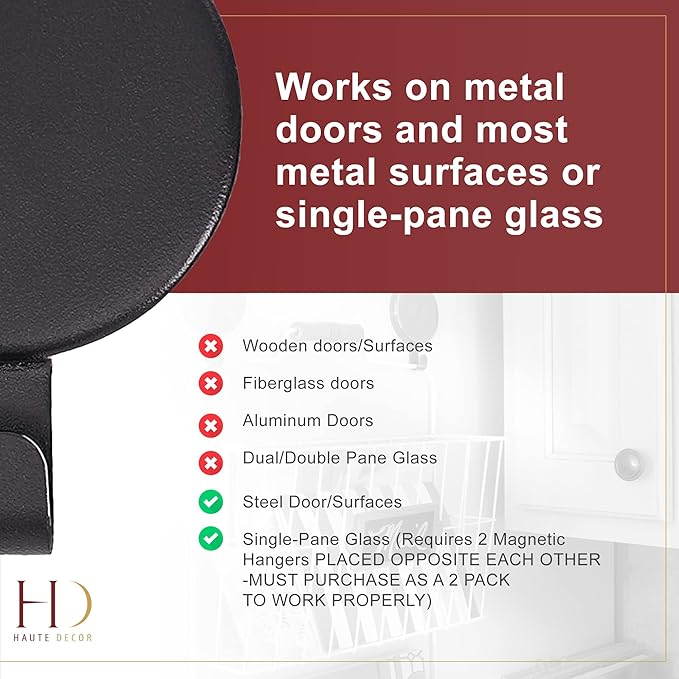Haute Decor Attract Magnetic Wreath Hanger (Black Matte, Set of 2 Magnets) - for 2 Metal Doors/Surfaces or 1 Single-Pane Glass Door/Window - Holds up to 10lbs.