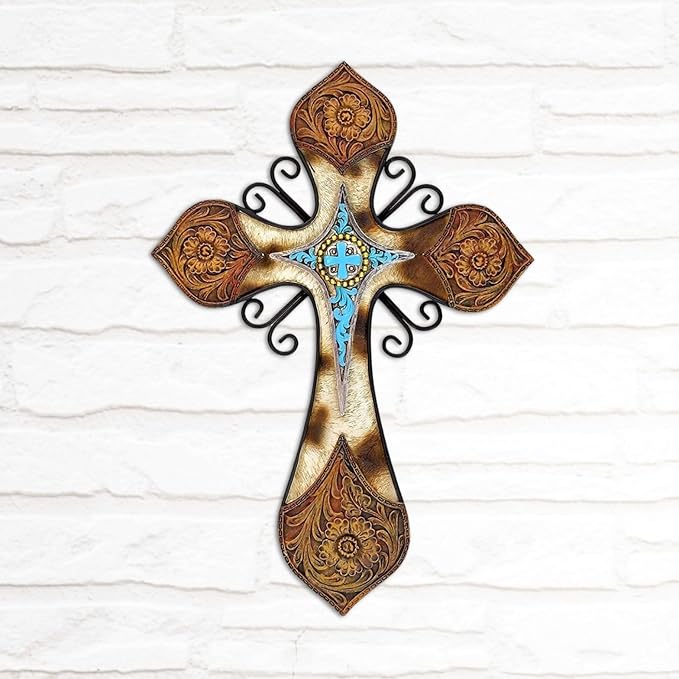 AMAJY Rustic Western Style Cowhide Faux Tooled Leather Wall Cross with Turqoise Center Piece and Floral Embossed Design Spiritual Wall art Southwest Decor