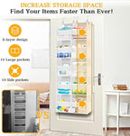 Over The Door Organizer 5 Tiers, Extra Large Behind Door Storage of 10 Compartments, 80 lbs Weight Capacity Hanging Storage Organizer with Clear Window Kids Toys, Shoes,Diapers, Room Storage, White