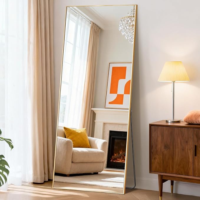 DUMOS 65"x24" Full Length Mirror, Full Body Mirror with Aluminum Alloy Thin Frame, Standing Mirrors with Leaning or Hanging, Suitable for Bedroom, Livingroom, Cloakroom, Gold
