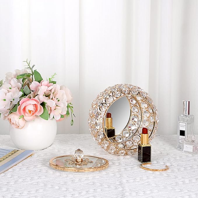 Hipiwe Crystal Jewelry Trinket Box with Glass Lid Large Gold Mirrored Treasure Box Decorative Jewelry Box Ring Earrings Necklace Storage Keepsake Box Gift for Women