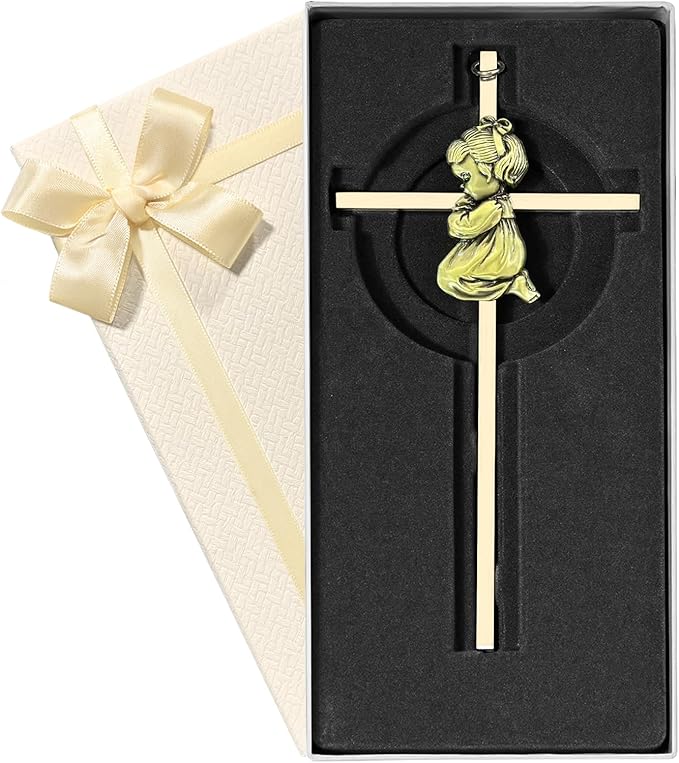 Baby Wall Cross Baptism Gifts for Girl 7-inch Olive Gold Praying Catholic Baby Girl Baptism Crosses for Christening, First Holy Communion & Baby Dedication Gifts, Baptismal Cross Newborn Nursery Decor