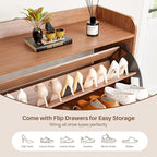 Shoe Storage Cabinet with 2 Flip Drawers, Entryway Shoe Cabinet with 2 Metal Hooks & Adjustable Shelves Freestanding Shoe Organizer Narrow Shoe Rack for Entrance Hallway Foyer Front Door,Walnut
